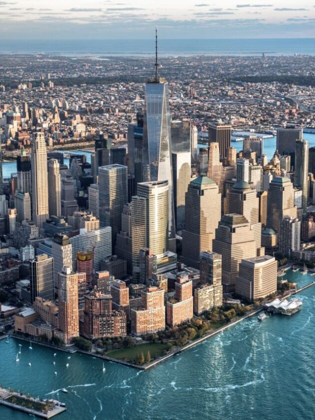 Helicopter point of view of Manhattan island in New York City.