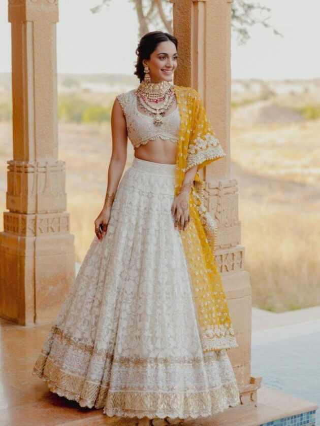 White Lehenga with Yellow Dupatta